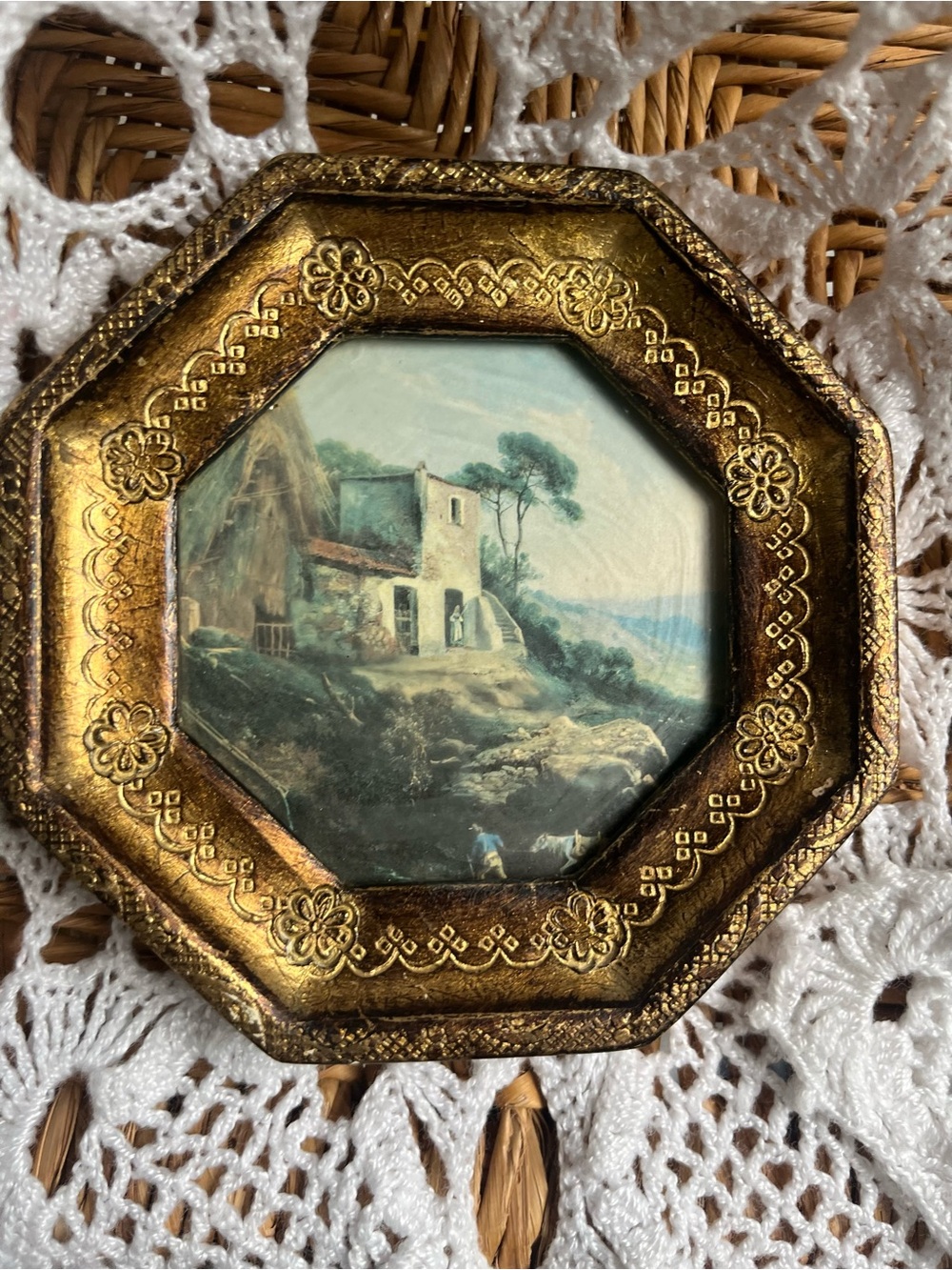 Gold Florentine octagonal framed landscape- Made in Italy -Rare Find